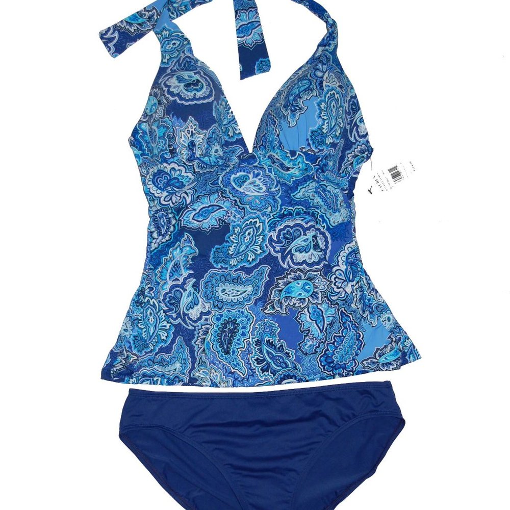 NWT Lauren Ralph Lauren Paisley Tankini Top & Solid Swim Bikini Bottom 8